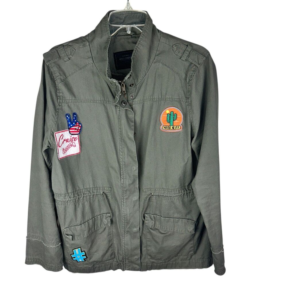 Miss London Black‎ Label XL Zip Utility Outdoor Green Jacket Patches